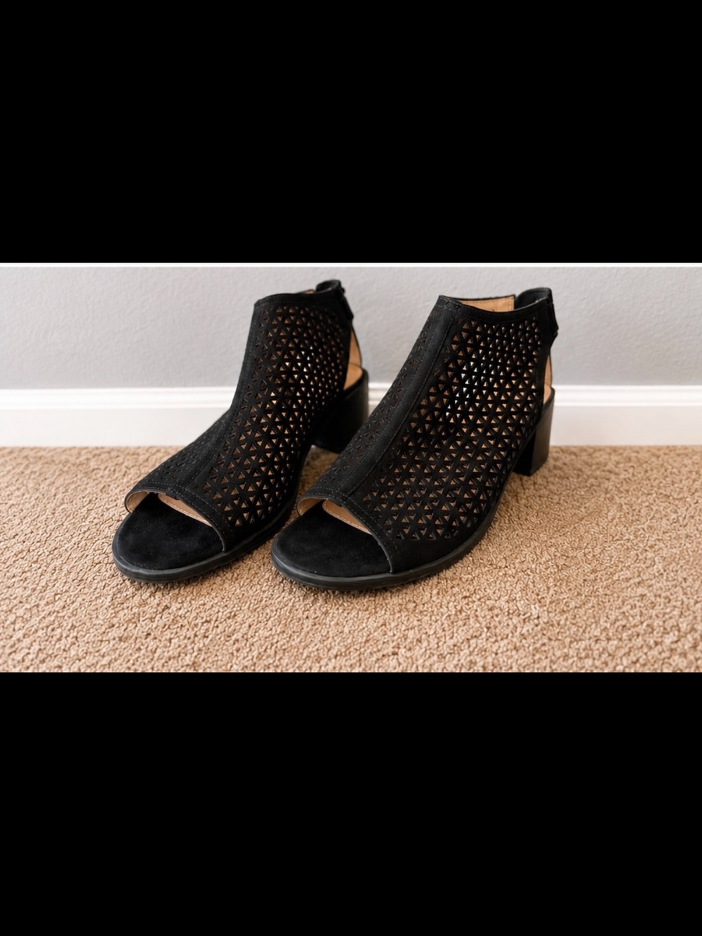 Women’s Black Laser-Cut Peep-Toe Block Heel Sandals